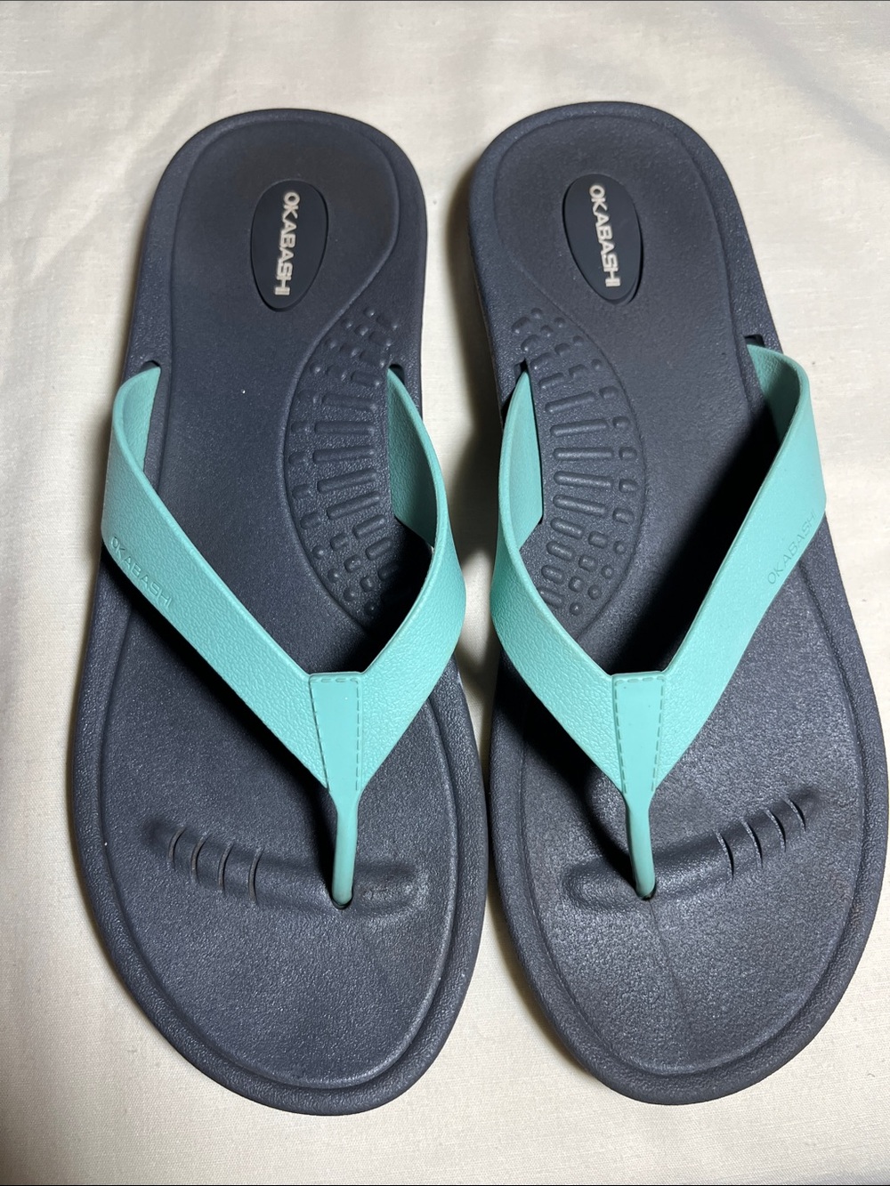 Okabashi Charcoal Footbed Flip Flops with Aqua Straps